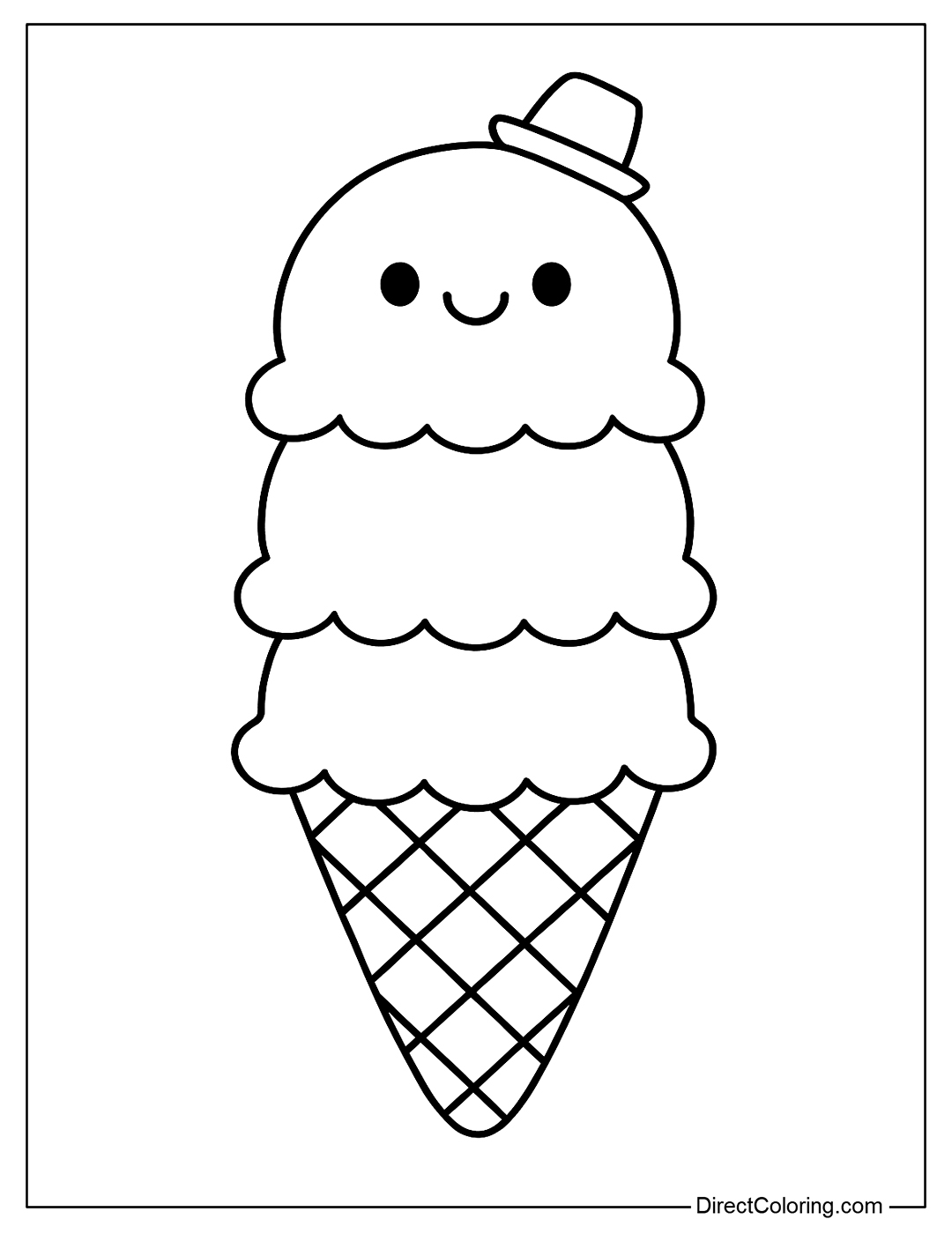 Three-tiered ice cream cone coloring page, the top tier has a funny face and a tiny hat